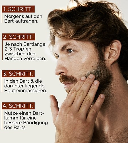 Ein bruenetter Mann im Profil der das Barber Club Bartoel nutzt neben ihm die vier Schritte Anleitung